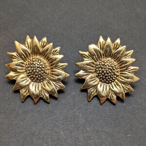 Vintage 90s Big Sunflower Earrings Gold Metal Boho Floral Funky Quirky Statement